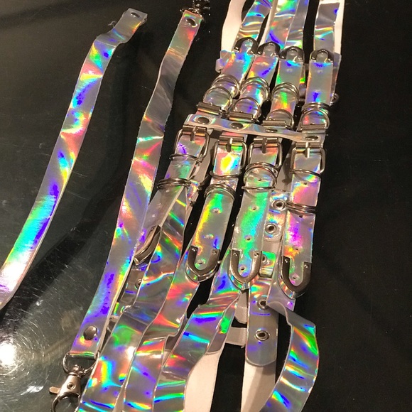 Holographic iridescent strap top belt buckle rave goth bikini festival sexy punk - Picture 4 of 7